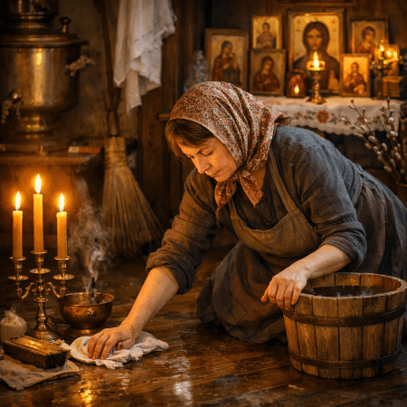 Woman cleaning wooden floor near candles and religious icons
