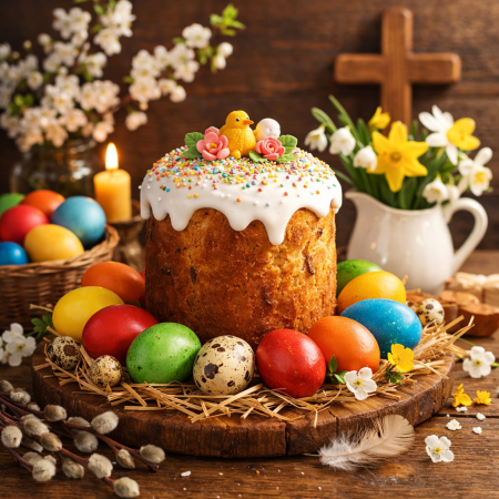 Easter cake topped with white icing and decorations, surrounded by colorful dyed eggs and spring flowers