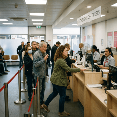 Customers lined up at ticket service counter with staff assisting