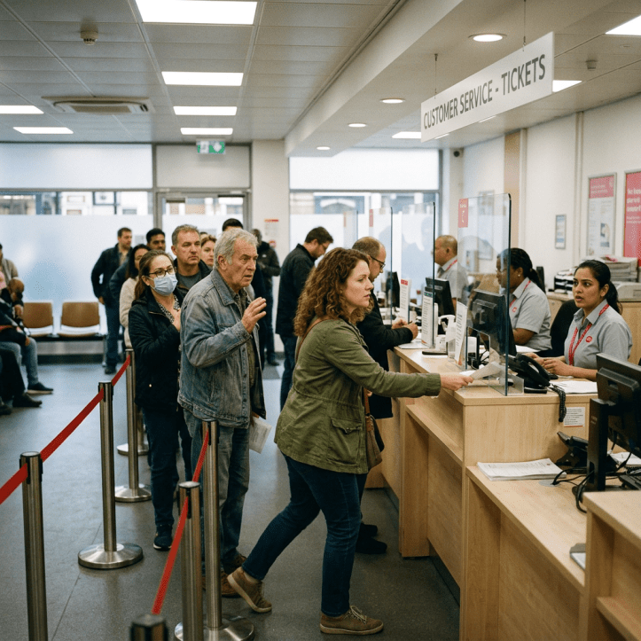 Customers lined up at ticket service counter with staff assisting