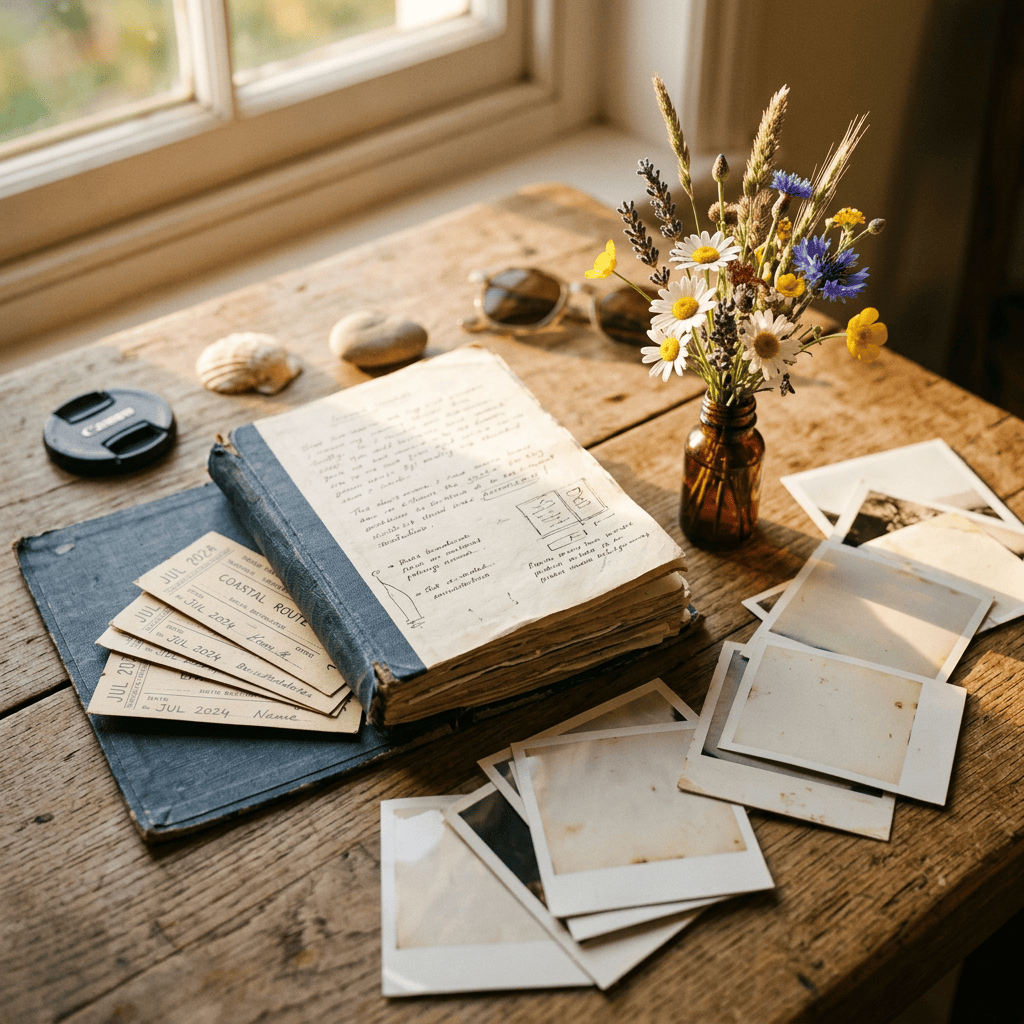 Travel journal, tickets, photographs, seashells, sunglasses, and wildflowers on wooden table